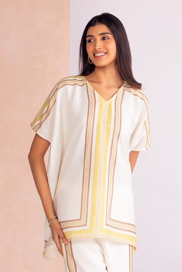Earth Linen-Blend Boxy Striped V-Neck Top — Kaveri