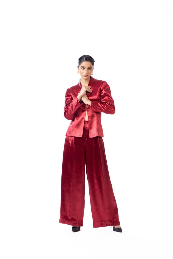 Maroon High-Rise Wide-Leg Satin Trousers with Pleats — Studio MuGu