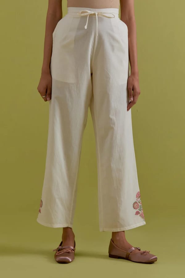 Off White Cotton Straight Pants — Upavita