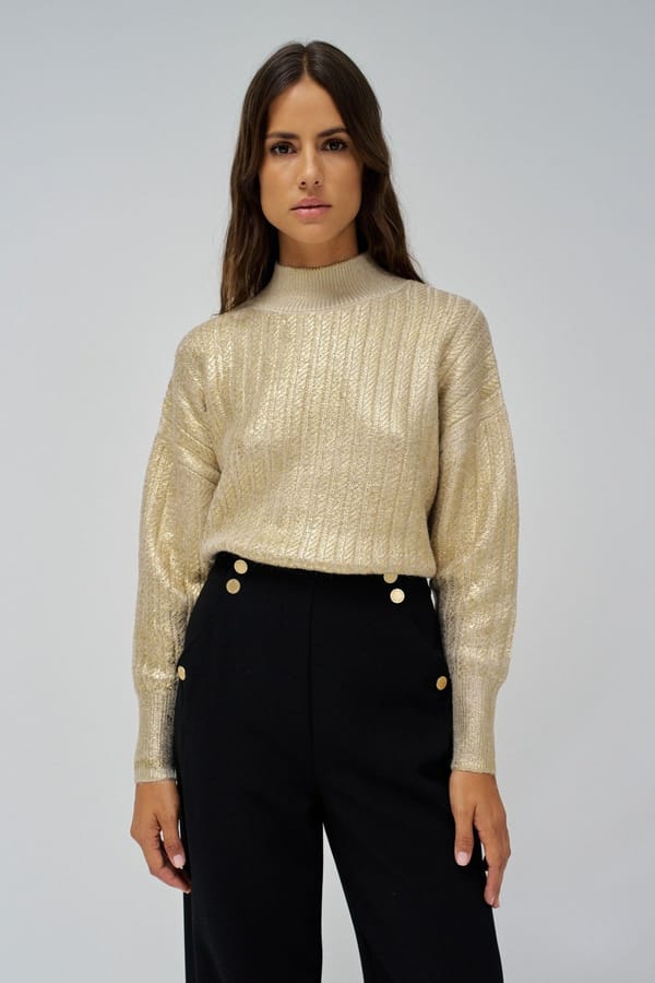 Gold Metallic High-Neck Ribbed Pullover Sweater — SALSA JEANS
