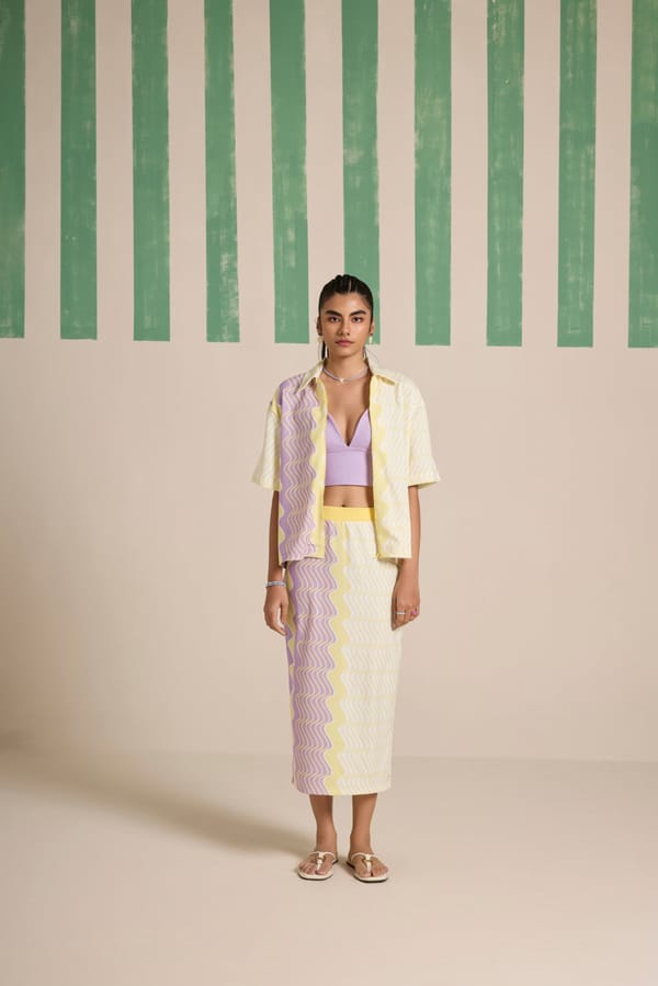 Yellow and Lavender Swirl Shirt and Midi Skirt Co-ord Set — Muvazo