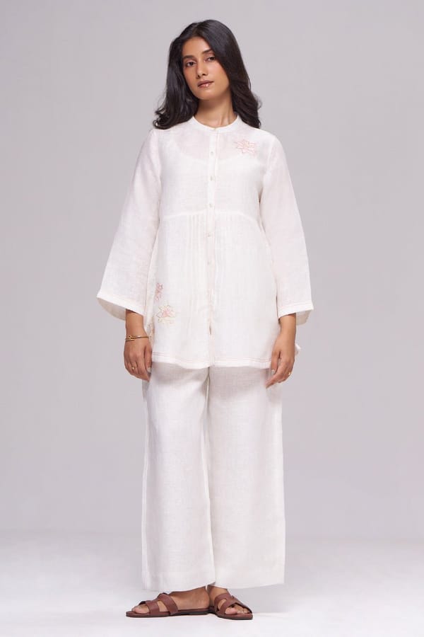 Natural White Linen Co-ord Set with Embroidered Tunic Top — Ganga Fashions Pvt Ltd