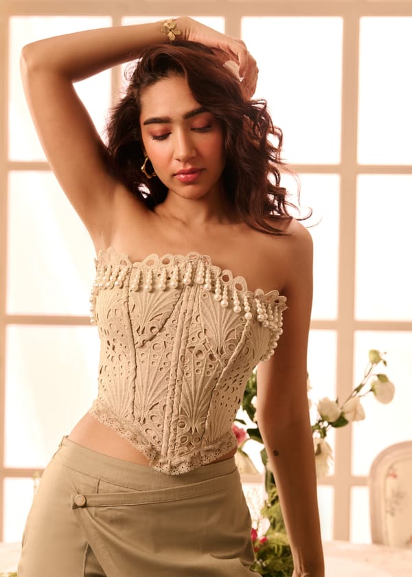 Iveta Khaki Pearl Embellished Strapless Corset Top — Lea Clothing