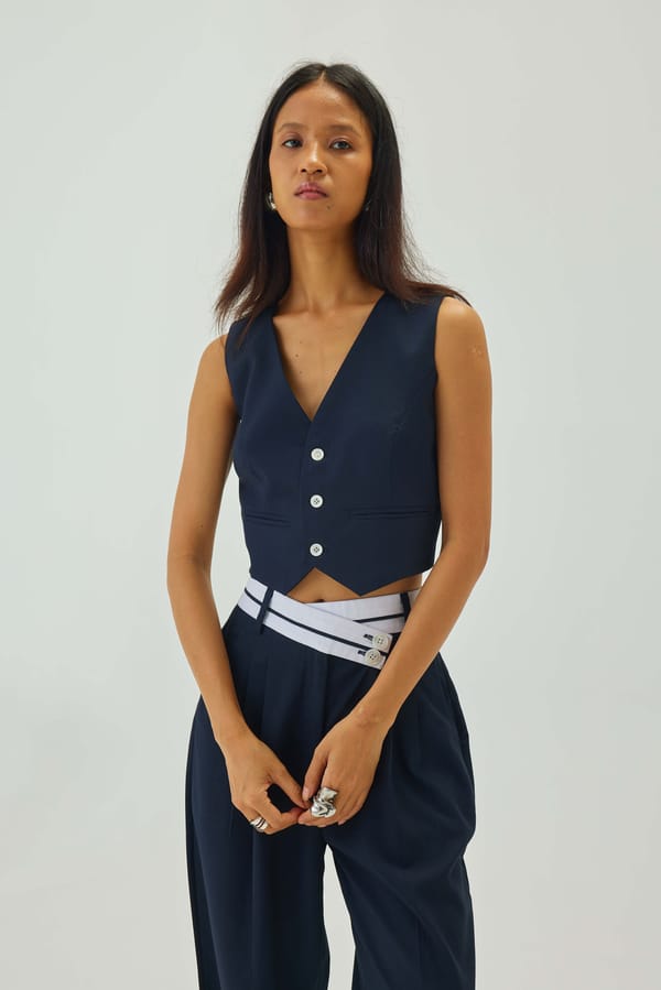 Navy Blue V-Neck Cropped Button-Front Waistcoat — Shop Staple