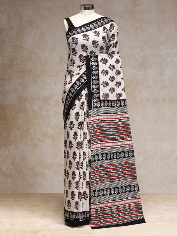Red White Handblock Printed Vanspati Mulmul Saree — BINKS