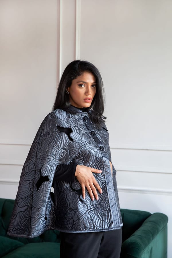 Space Gray Quilted Satin Cape with Floral Cutwork — Rhe-Ana