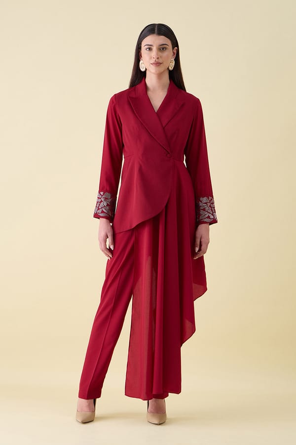 Floral Metallic Embellished Draped Blazer Set — Aakaar