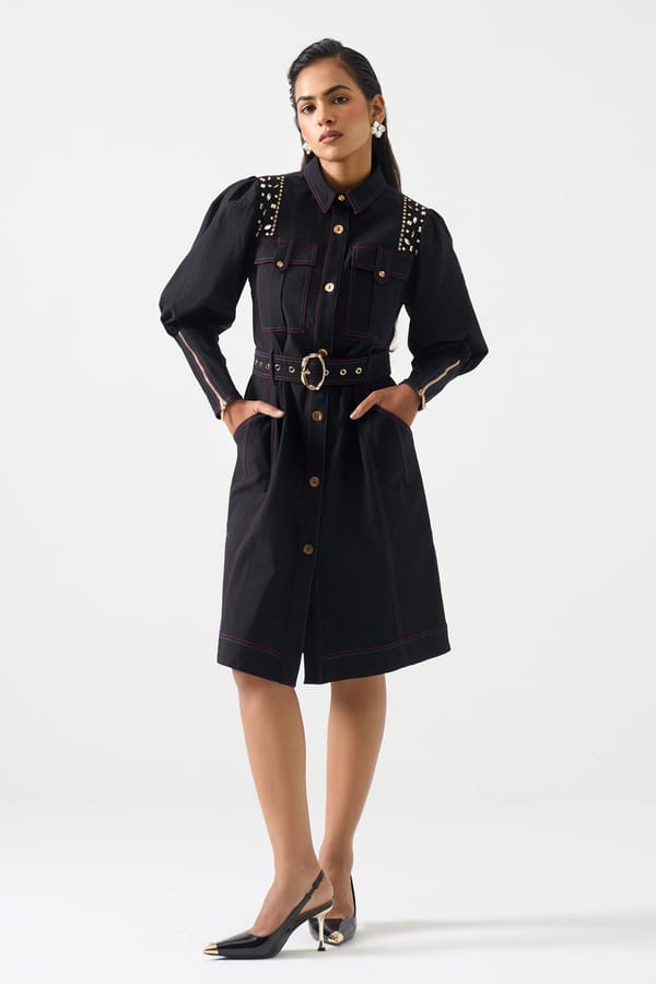 Black Embellished Shirt Dress with Belt — STITCH STORIES