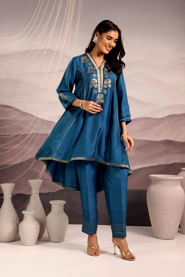 Flared High Low Silk Kurta Set — Omi Clothing