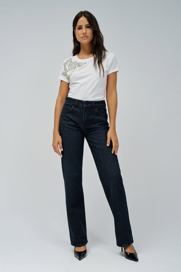White Slim Fit T-shirt with Rhinestone Shoulder Applique — SALSA JEANS