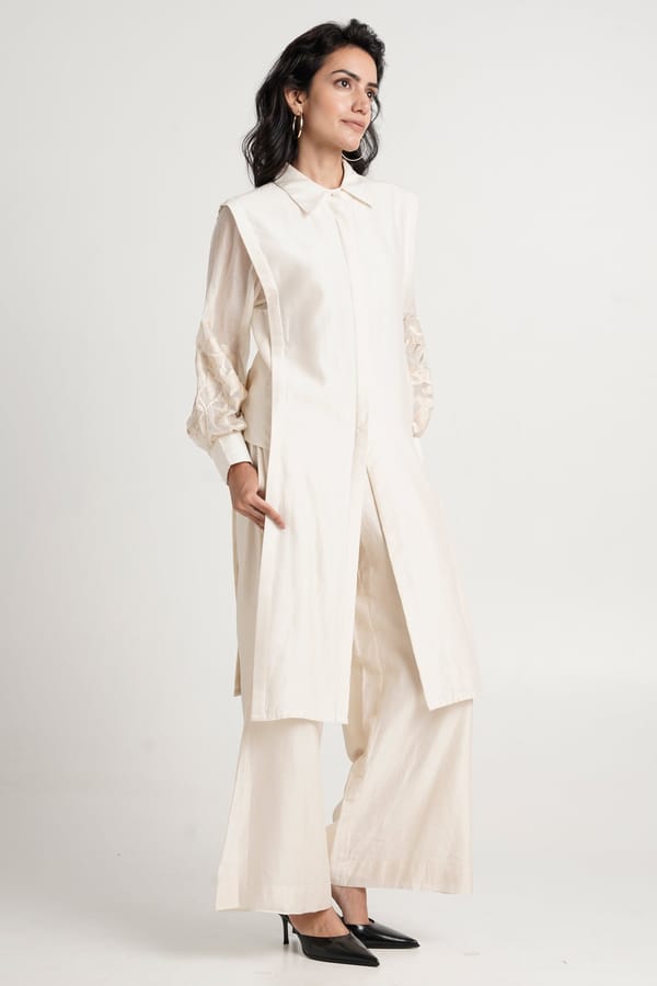 Ivory Straight Collared Kurta Set with Tonal Sleeve Embroidery — Madder Much