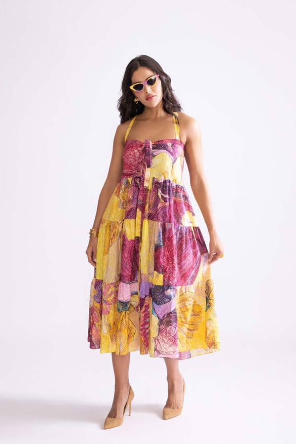 Yellow Purple Floral Printed Tiered Midi Dress — Saaksha and Kinni