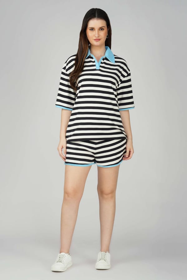 Black and White Striped Ribbed Cotton Lounge Shorts — The clothing factory