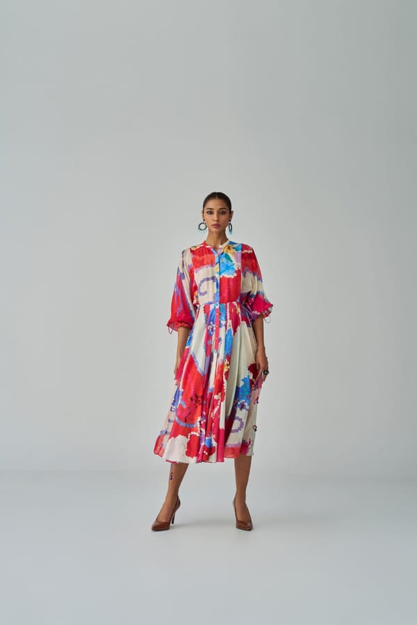 Pink/Red Abstract Print Midi Shirt Dress with Tie-Up Sleeves — Saaksha and Kinni