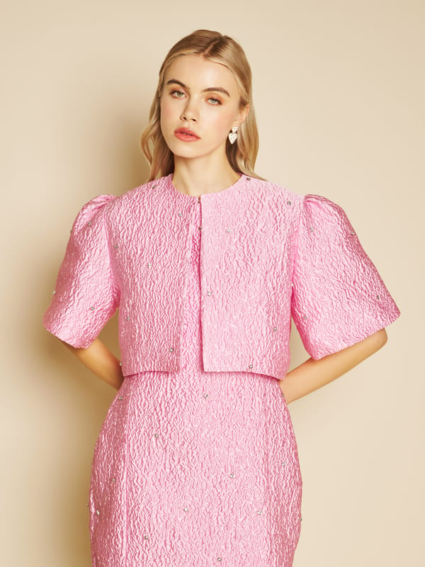 Pink Cropped Jacquard Jacket with Silver Gem Trims — SISTER JANE