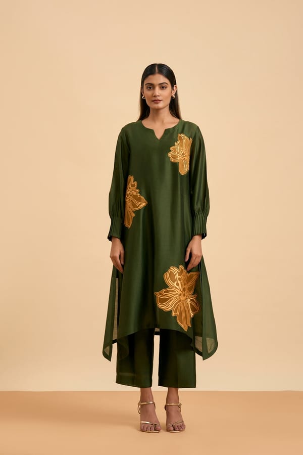 Olive Chanderi Silk High-Low Kurta Set with Gold Motifs — Origani