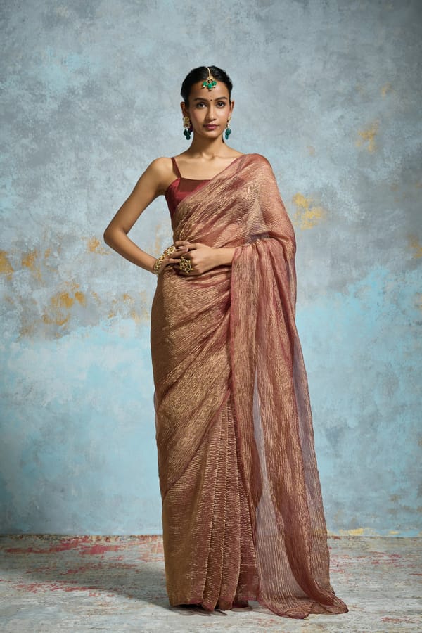 Maroon Crinkle Tissue Saree with Gold Zari Sheen — Dressfolk