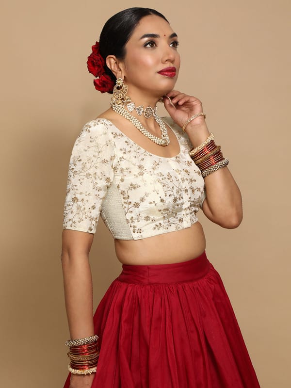 Cream and Gold Embroidered Round Neck Saree Blouse — BINKS