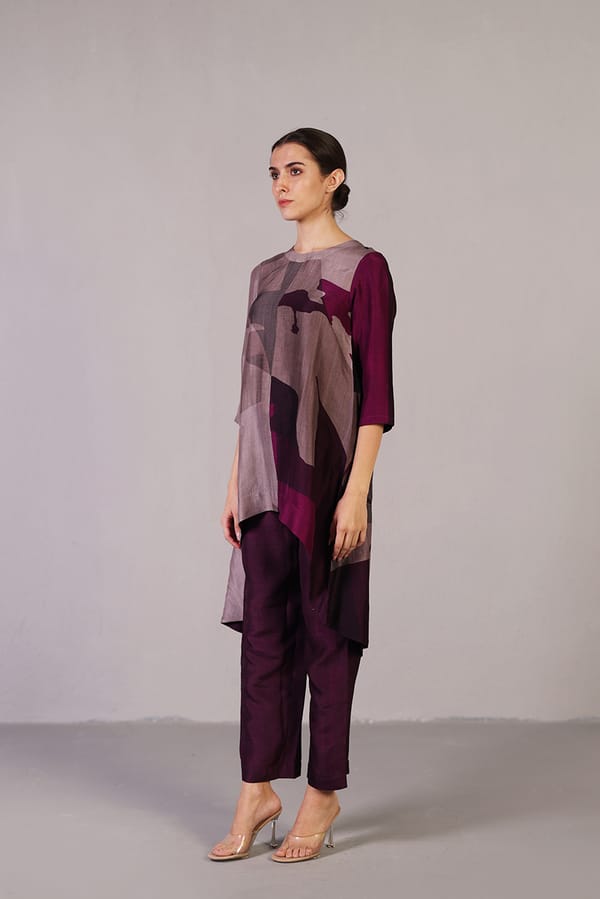 Mulberry Purple Abstract Print Tunic and Pants Co-ord Set — CLOS