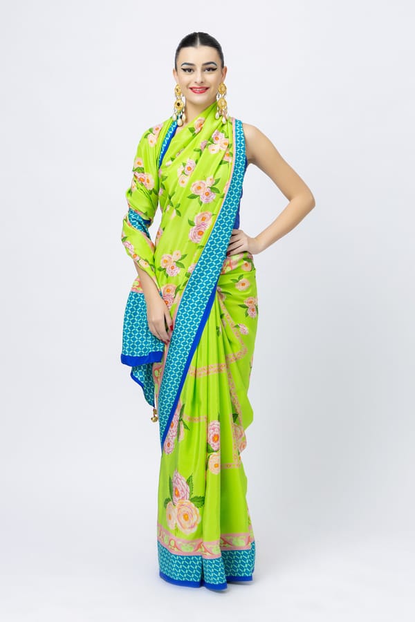 Lime Green Silk Floral Print Saree with Blue Border — Jungle Marigold