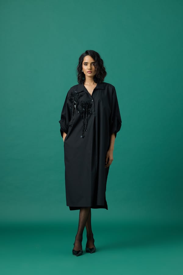 Black Cotton Poplin Midi Shift Dress with Lotus Appliqué — 63East