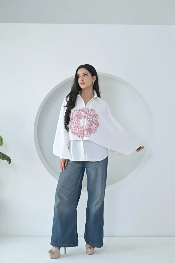 White Printed Cape-Overlay Shirt — RUCHIKA MALLIKA LABEL