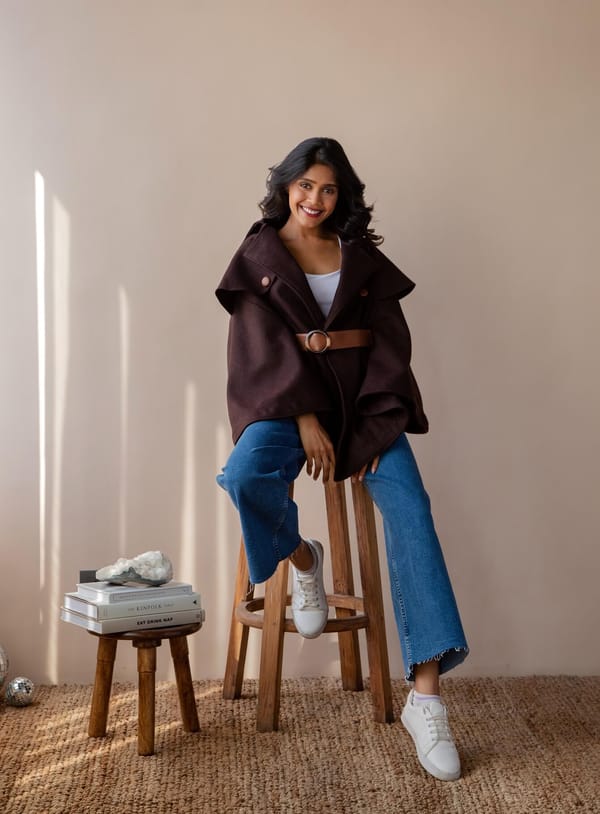 Dark Brown Wool Blend Belted Cape with Lapel Collar — Rhe-Ana