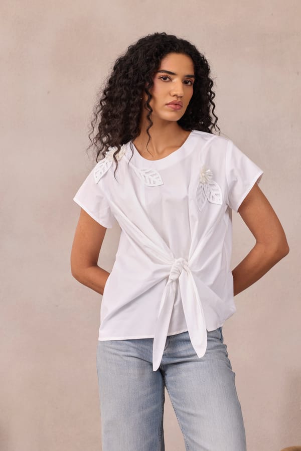 Bright White Cotton Poplin Tie-Front Applique Top — 63East