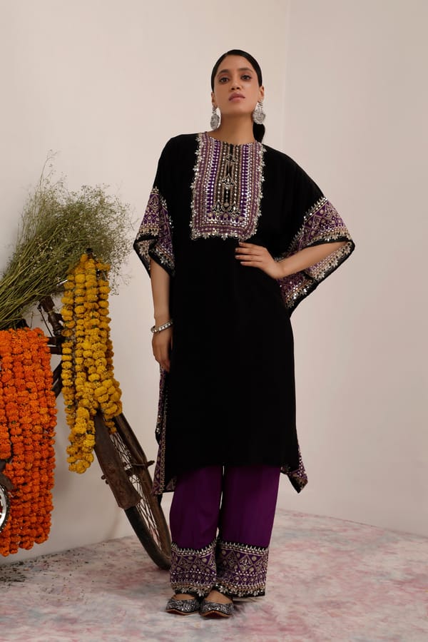 Black and Purple Crepe Kaftan Kurta Set — Surkh Syahi