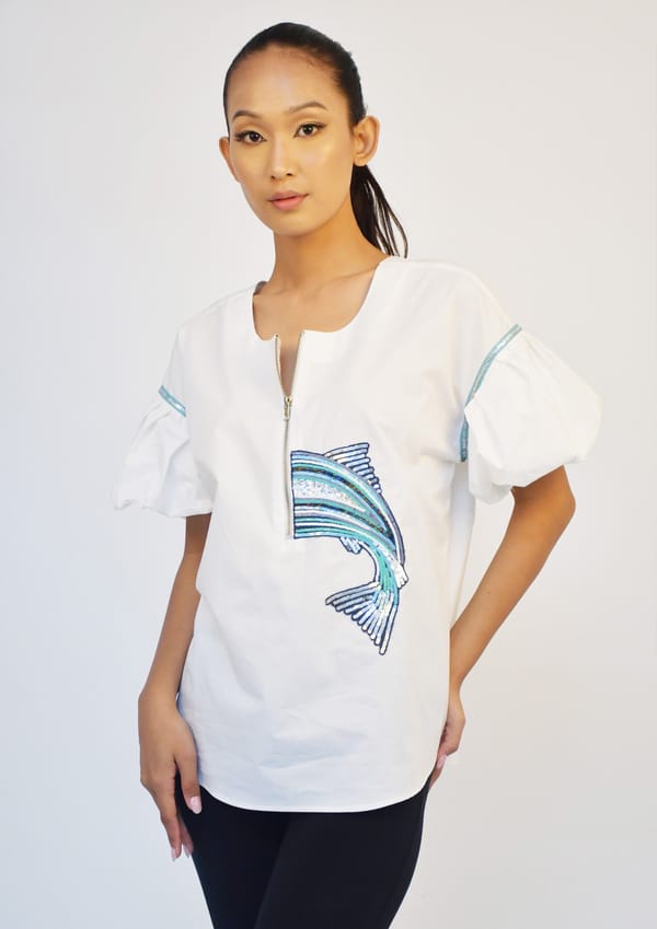 White Top with Aqua Tone Embroidery — Richa Goenka