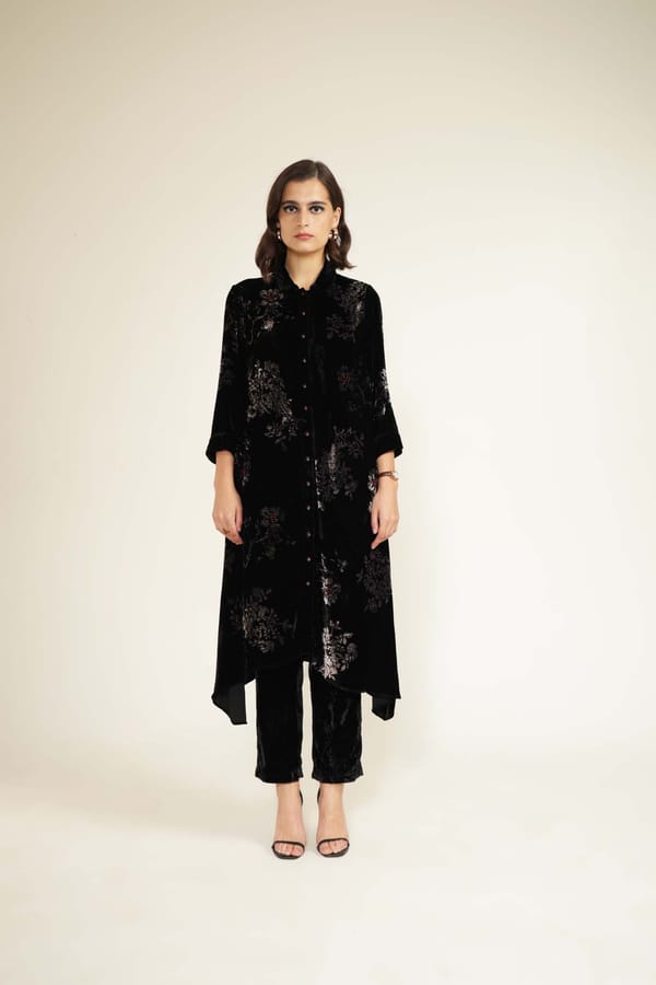 Black Silk Velvet Printed Tunic and Pant Co-ord Set — Arcvsh Pallavi Singh