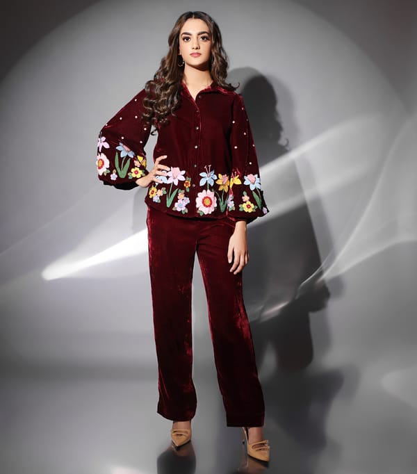 Red Velvet Floral Applique Co-ord Set — RUCHIKA  MALLIKA LABEL