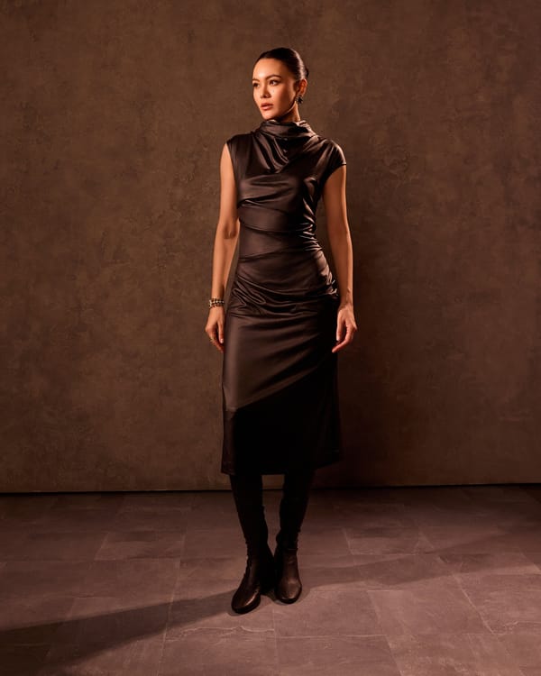 Black Lamé Draped Cowl Neck Midi Dress — Tara & I