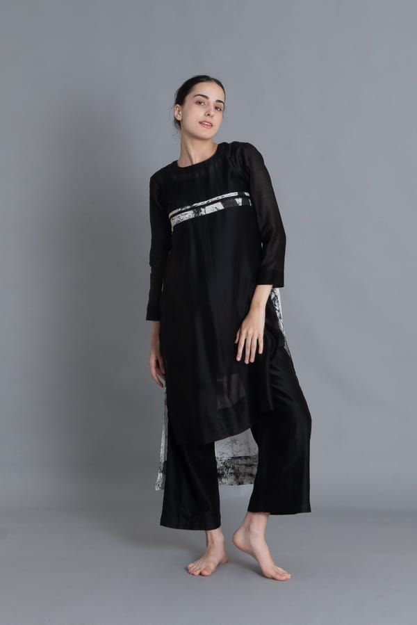Black Chanderi Silk A-Line 3-Piece Kurta Set — Khat