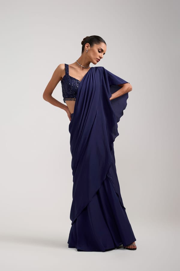 Navy Sequin Ruffle Saree Set — Label IRIS