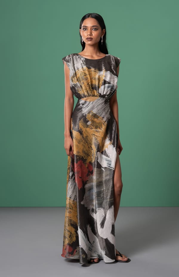 Multicolour Abstract Print Satin Maxi Dress with Side Slit — ADVAIT