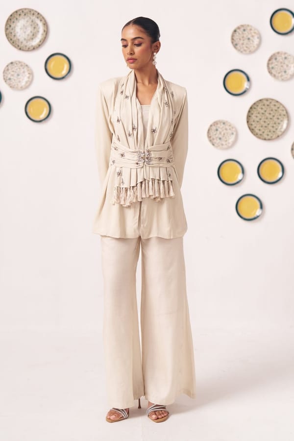 Ivory Embellished Layered Jacket Top & Straight Pants Co-Ord Set — Western Era