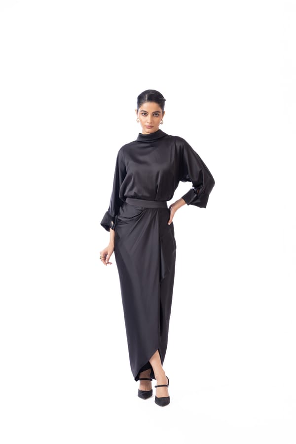 Black Satin Draped Maxi Skirt with Slit — Studio MuGu