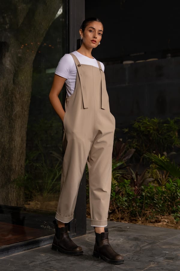 Tan Cotton Blend Overall Jumpsuit with Adjustable Straps — Unrush