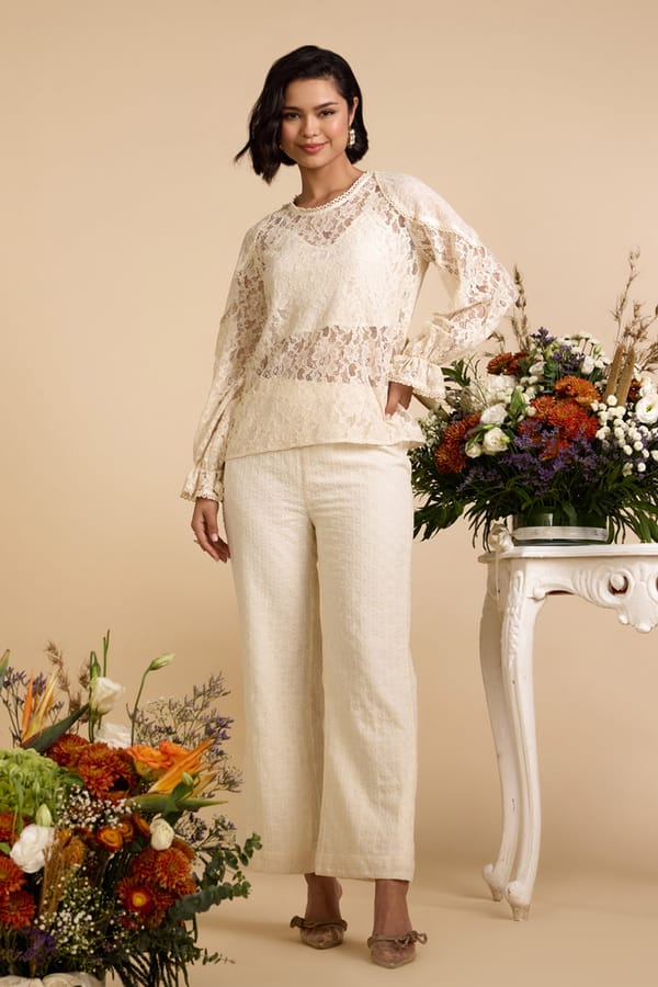 Ivory Lace Top and Flared Pants Co-Ord Set — AVERIE