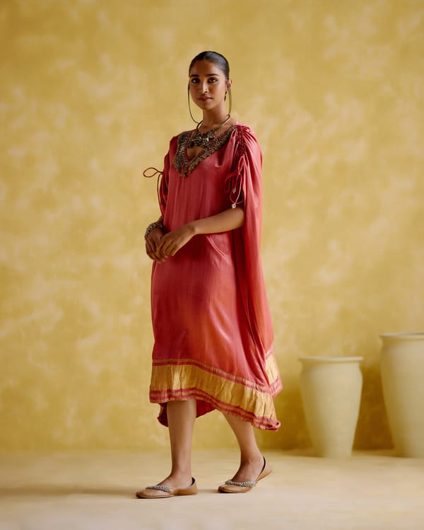 Pink Midi Kaftan with Embellished V-Neck — 5 Elements