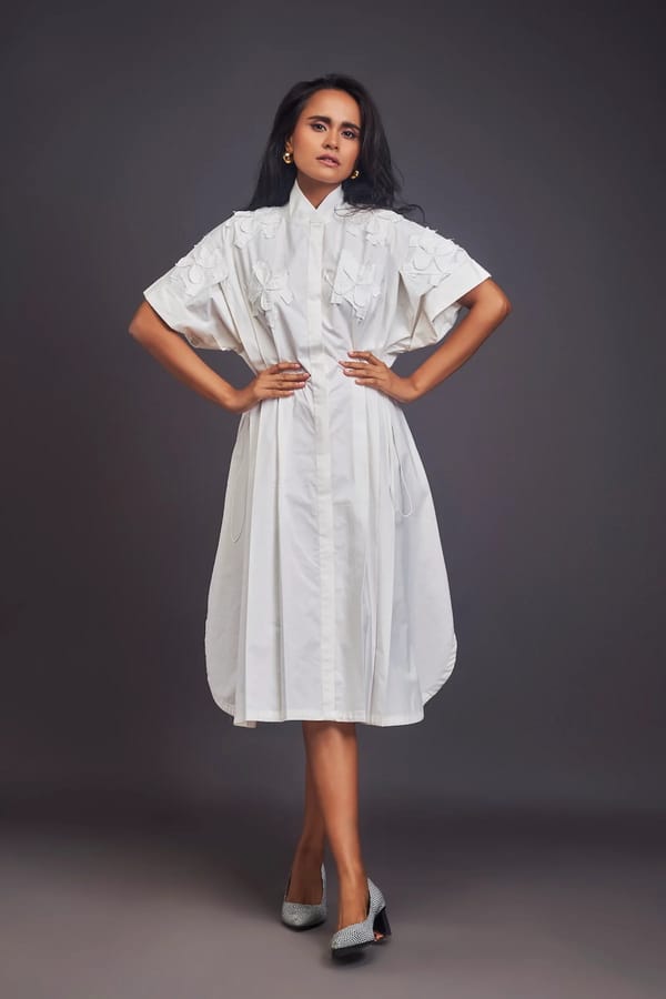 White Cotton Midi Shirt Dress with Patchwork Appliqué — Deepika Arora