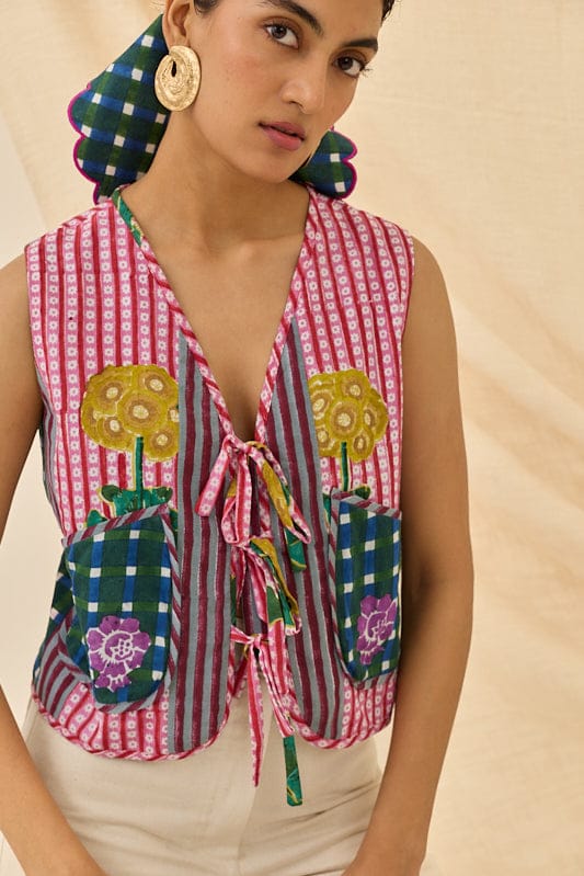 Multicolor Block Print Cropped Tie-Up Waistcoat — JODI