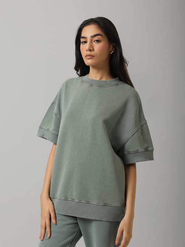 Green Acid Wash Short Sleeve Crew Neck Sweatshirt — Necesera