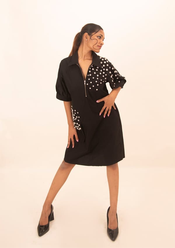 Black Cotton Dress with Crystal Embroidery — Richa Goenka