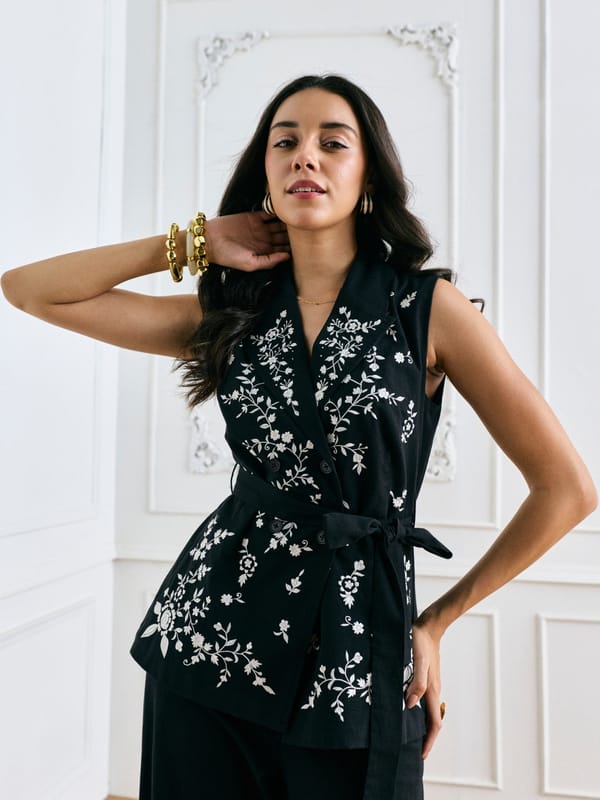 Black Sleeveless Embroidered Belted Blazer — Style Island