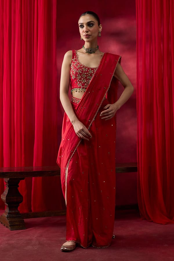 Red Silk Embellished Saree Set with Embroidered Blouse — Shikha Mehta