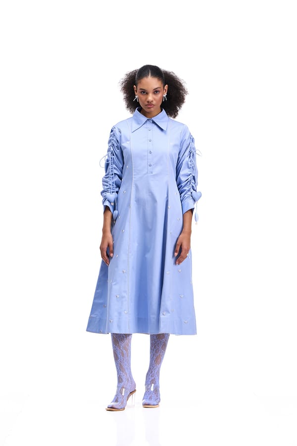 Periwinkle Cotton Twill Midi Shirt Dress with Heart Details — Our Love