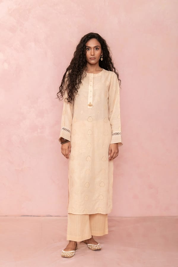 Beige Linen Asymmetric Kurta Set with Embroidered Buttis — LABEL NAARITI