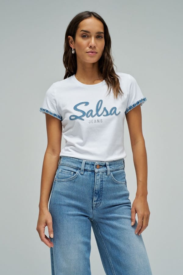 White Crew Neck Graphic T-Shirt with Sleeve Trim — SALSA JEANS